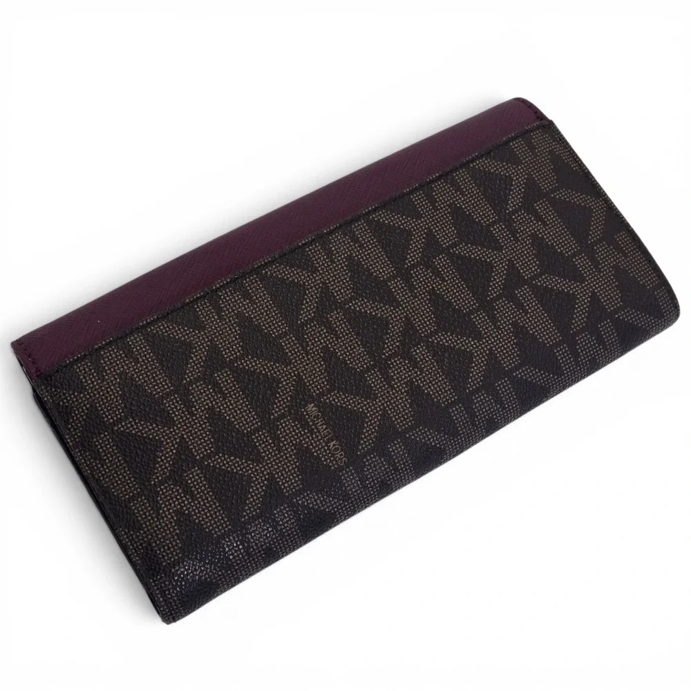 Michael Kors Bridgette Flap Wallet Brown MK‎ Logo Burgandy Eggplant Leather Lock